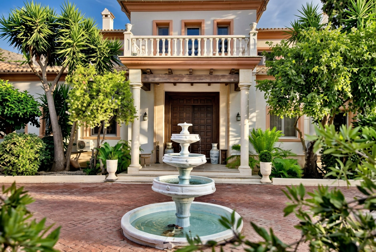 Entrada y fuente del Hotel Boutique La Plantación en Finestrat